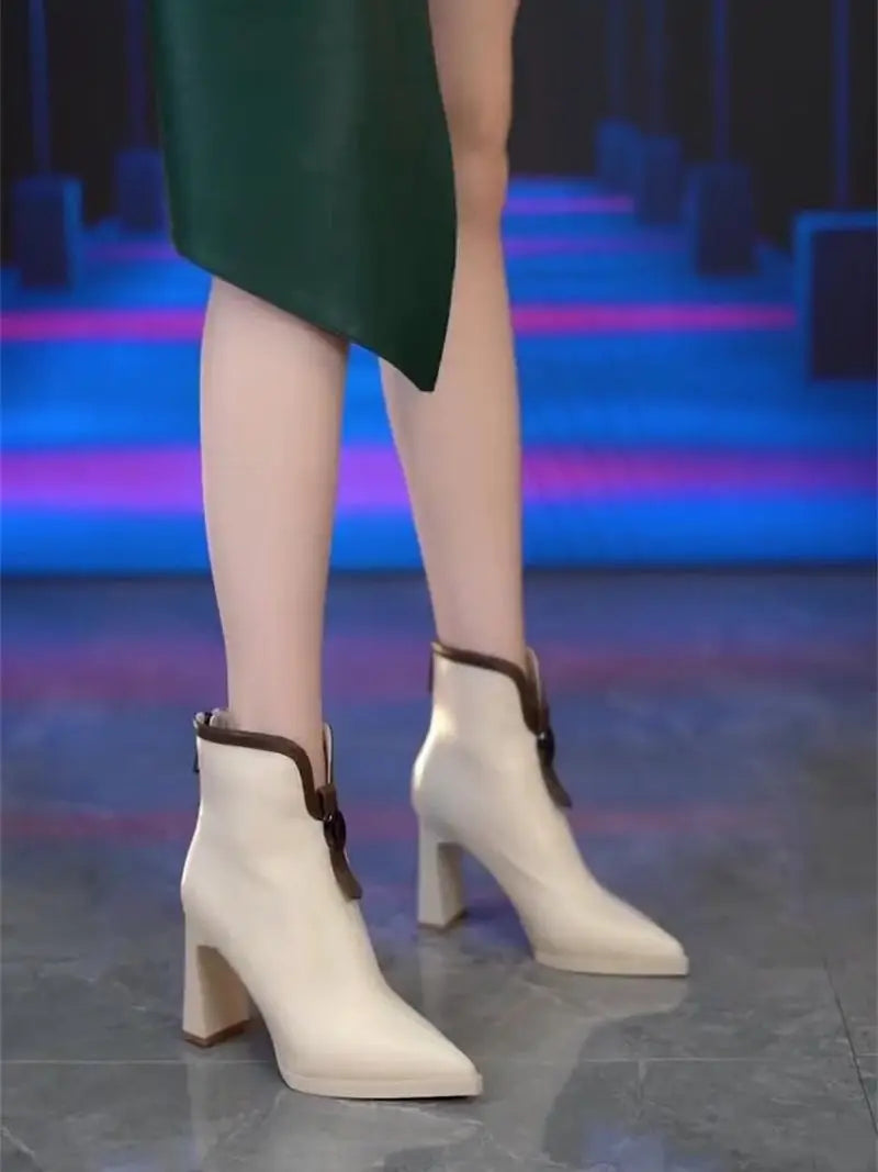 VougeVamp Leather High-Heeled Ankle Boots – Pointed Toe Winter Booties with Back Zip - VougeVampUK