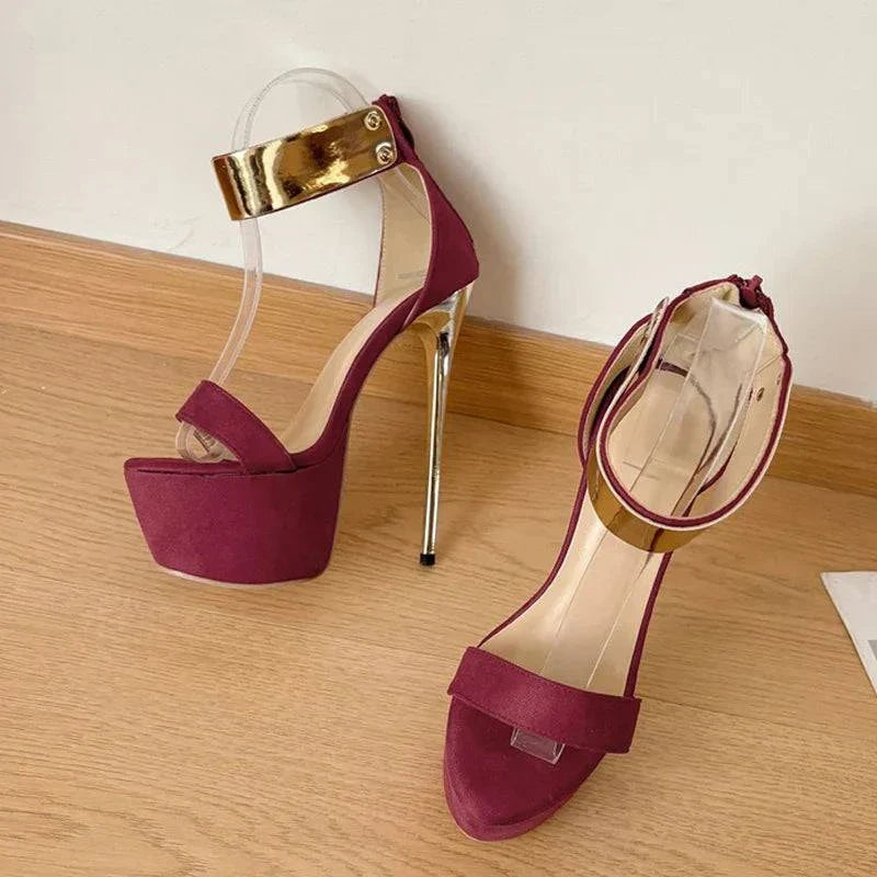 VougeVamp Metal Ankle Zip Platform Sandals - 16CM High Heel Party Shoes for Women