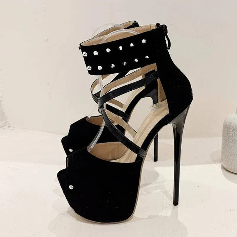 VougeVamp Women’s Metal Rivet Ankle Zip Platform Pumps – Sexy Peep-Toe High Heels for Parties and Pole Dancing