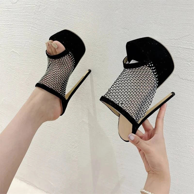 VougeVamp Crystal Mesh Platform Slippers - Peep Toe High Heel Party Shoes for Women in Black