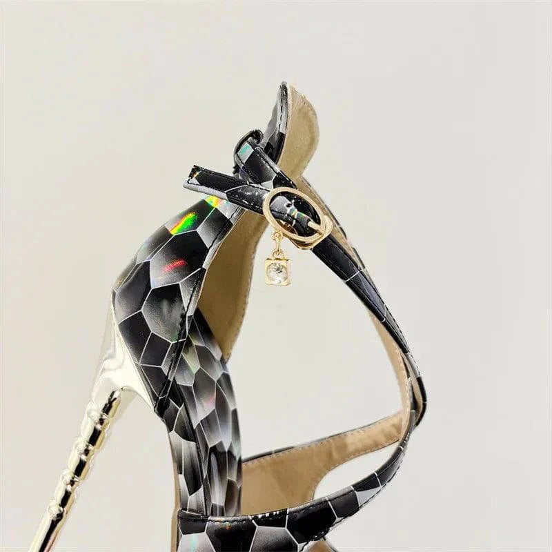 VougeVamp Women’s Snake Print Peep-Toe Platform Pumps – Sexy Buckle Strap High Heels for Summer Banquets and Parties