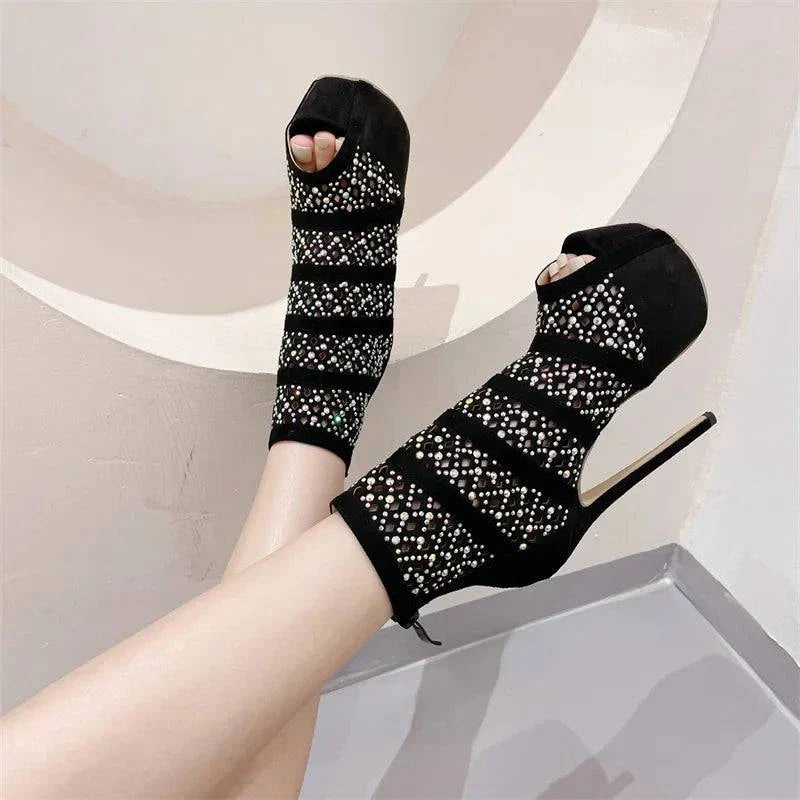VougeVamp Rhinestone Mesh Ankle Boots - Peep Toe Platform High Heel Booties for Women