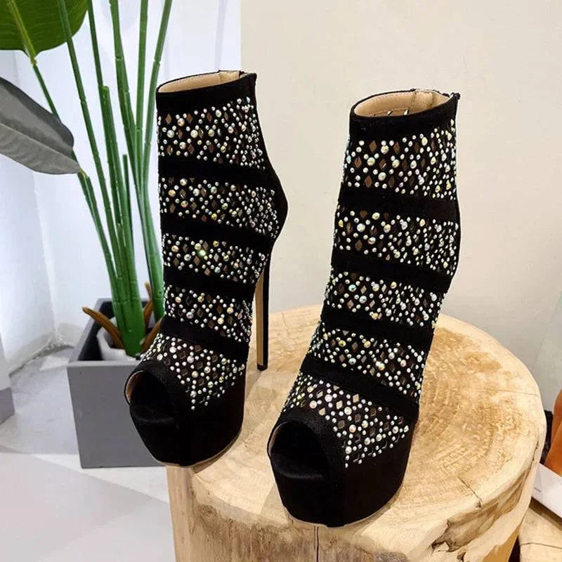 VougeVamp Rhinestone Mesh Ankle Boots - Peep Toe Platform High Heel Booties for Women