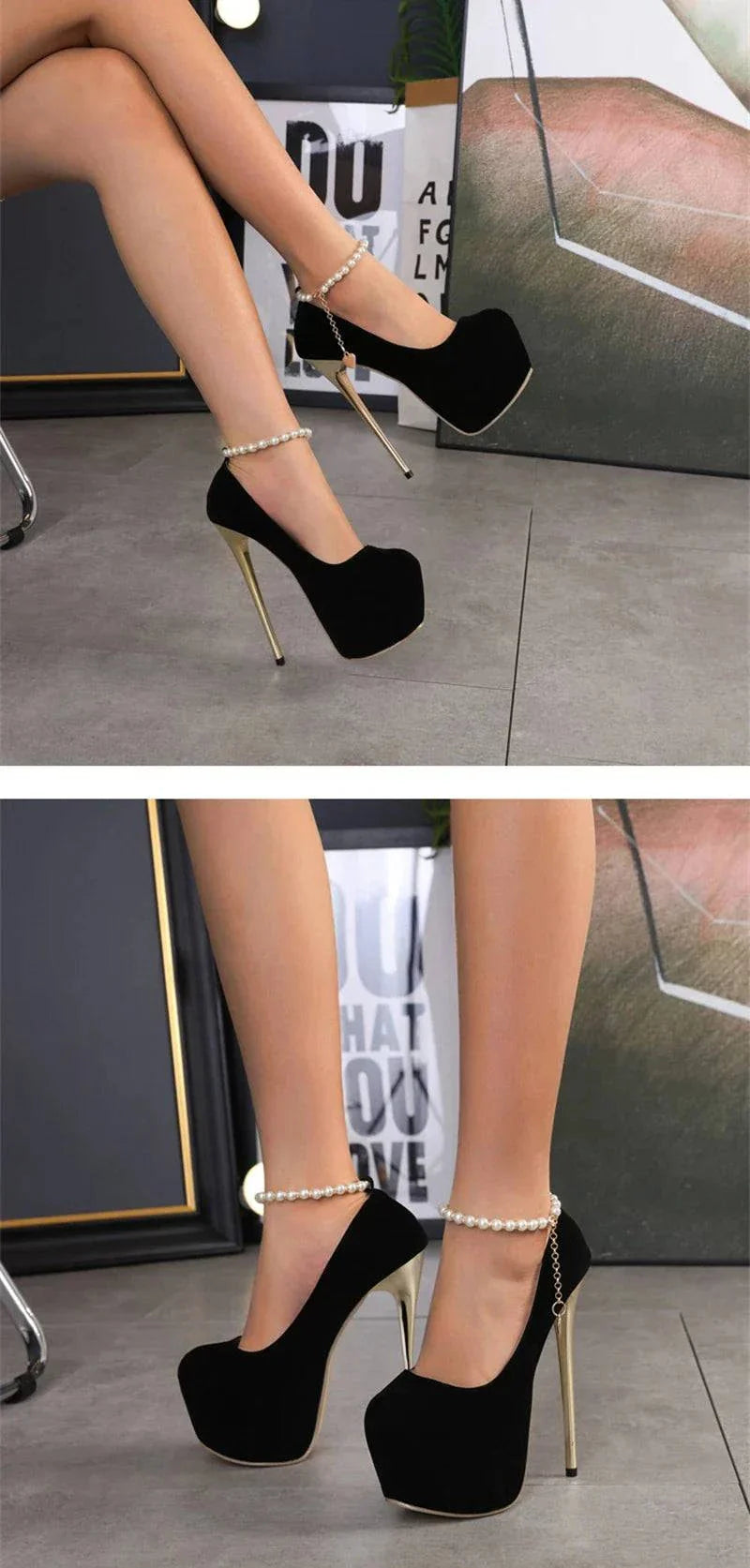 VougeVamp Black String Bead Platform Pumps - 16CM High Heel Ankle Strap Party Shoes for Women
