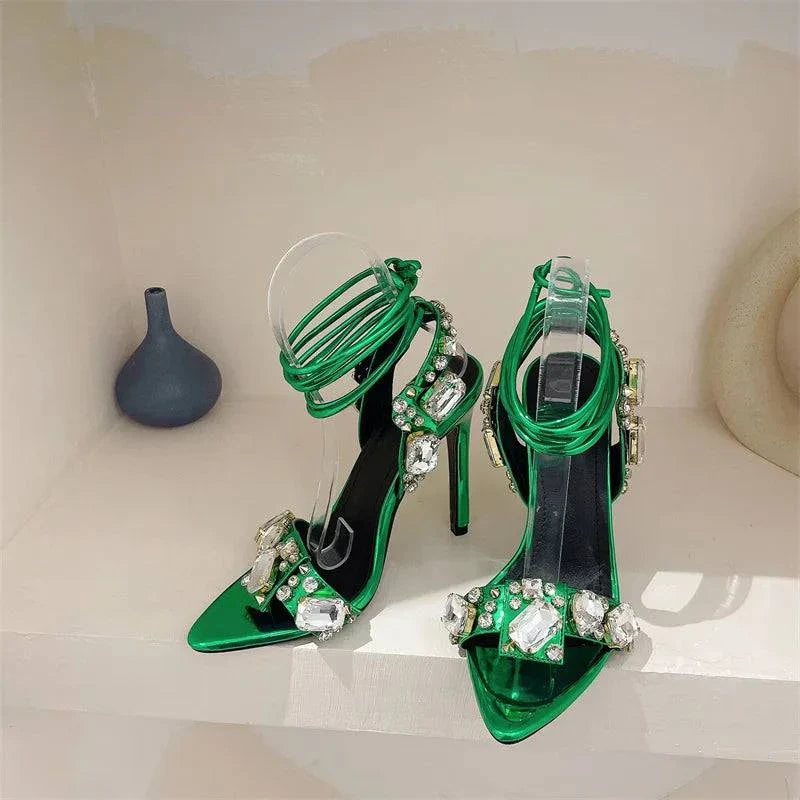 VougeVamp Green Crystal Cross-Strap Sandals - Pointed Toe High Heel Wedding Shoes for Women
