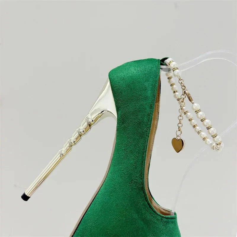 VougeVamp Green String Bead Platform Pumps - Peep Toe High Heel Wedding Shoes for Women