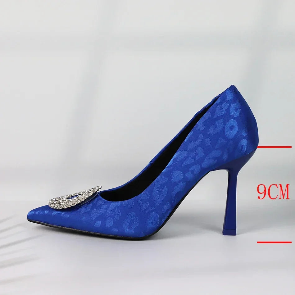 Elegant Satin Pointed Toe Heels with Diamond Circle Detail - High-Quality Bridal & Evening Pumps