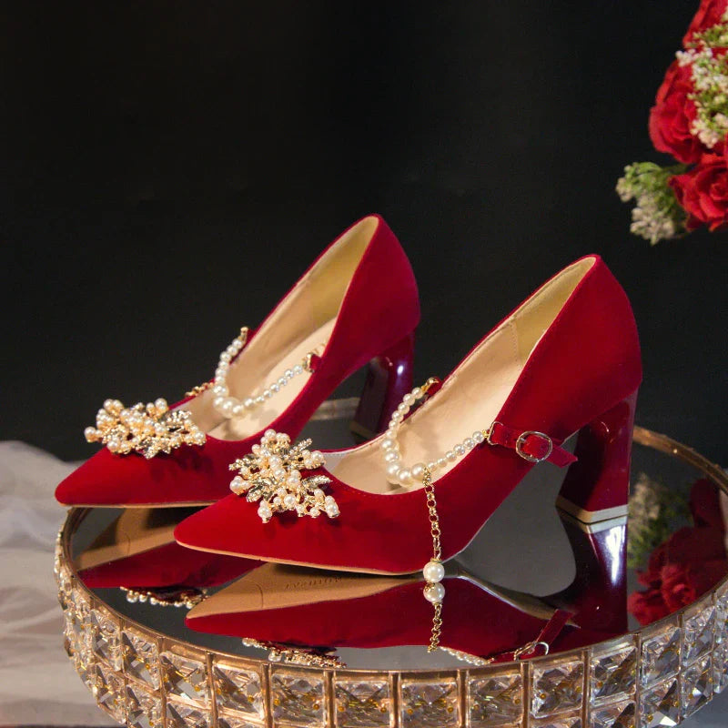 Women's Suede Pointed Toe High Heels – Elegant Embroidered Bridal & Banquet Pumps with Metal Detail