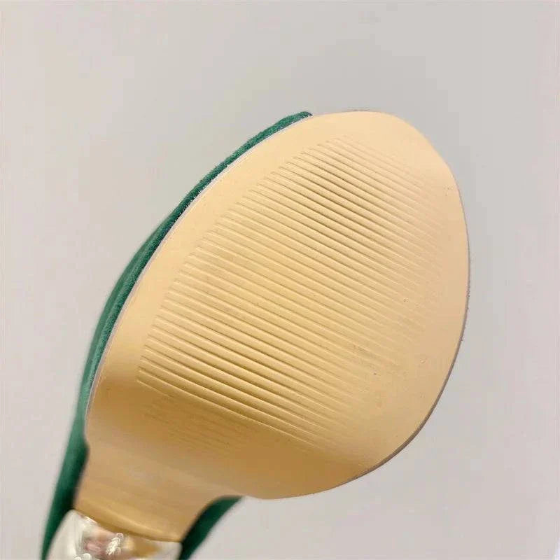 VougeVamp Green String Bead Platform Pumps - Peep Toe High Heel Wedding Shoes for Women