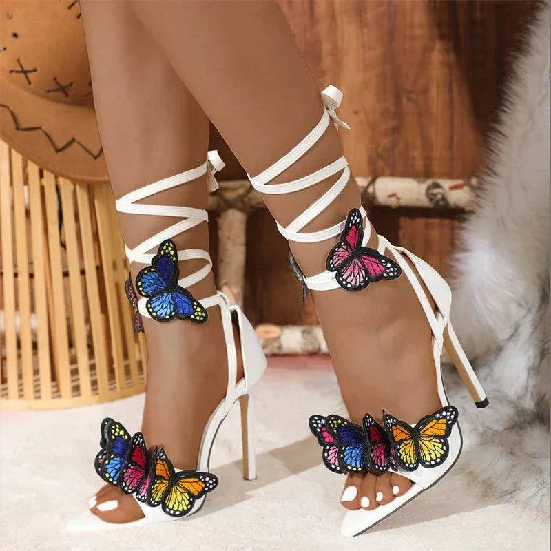 VougeVamp Embroidered Butterfly Ankle Strap Sandals - Pointed Toe High Heel Party Shoes for Women