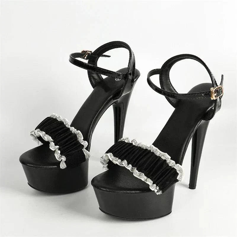 VougeVamp Women’s Crystal Pleated Platform Sandals – Elegant Open-Toe High Heels for Weddings and Parties