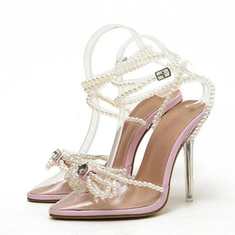 VougeVamp White String Bead Transparent Sandals - Pointed Toe High Heel Party Shoes for Women