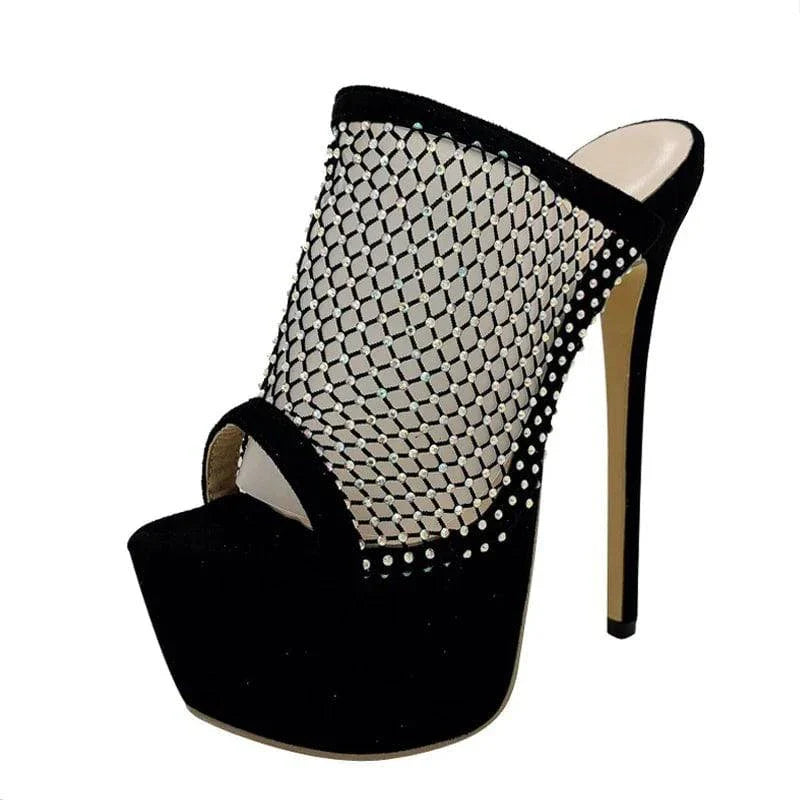 VougeVamp Crystal Mesh Platform Slippers - Peep Toe High Heel Party Shoes for Women in Black