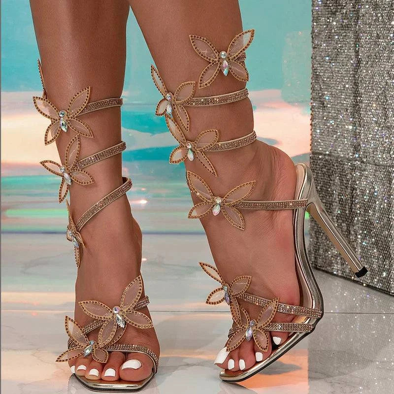 VougeVamp Women’s Crystal Butterfly Ankle Strap Sandals – Sexy Square Toe Green High Heels for Weddings and Banquets