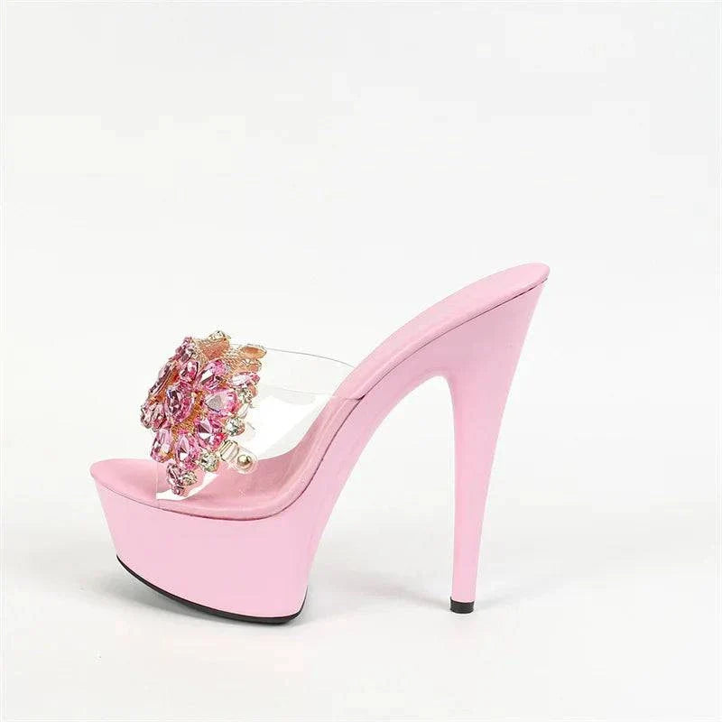 VougeVamp Red Crystal Gem Platform Slippers - Open Toe High Heel Wedding Sandals for Women