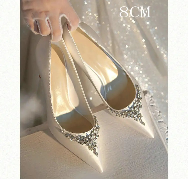 VougeVamp White Silk Satin Bridal Heels – Rhinestone Crystal Stiletto Pumps for Weddings