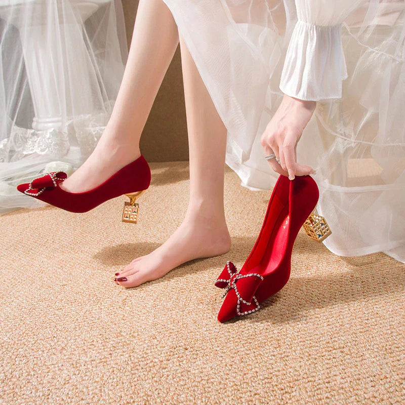 VougeVamp Red Bowtie Crystal High Heel Pumps – Elegant Slip-On Bridal & Party Shoes