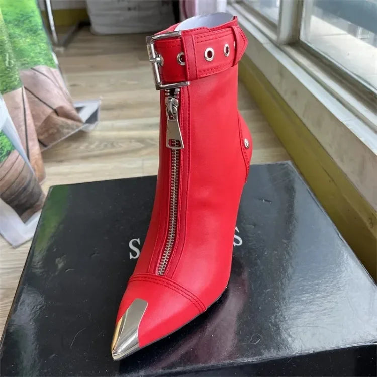 Handmade Women's Red High-Heeled Ankle Boots with Belt Buckle, Front Zipper, Pointed Toe, and Metallic Accent - VougeVampUK