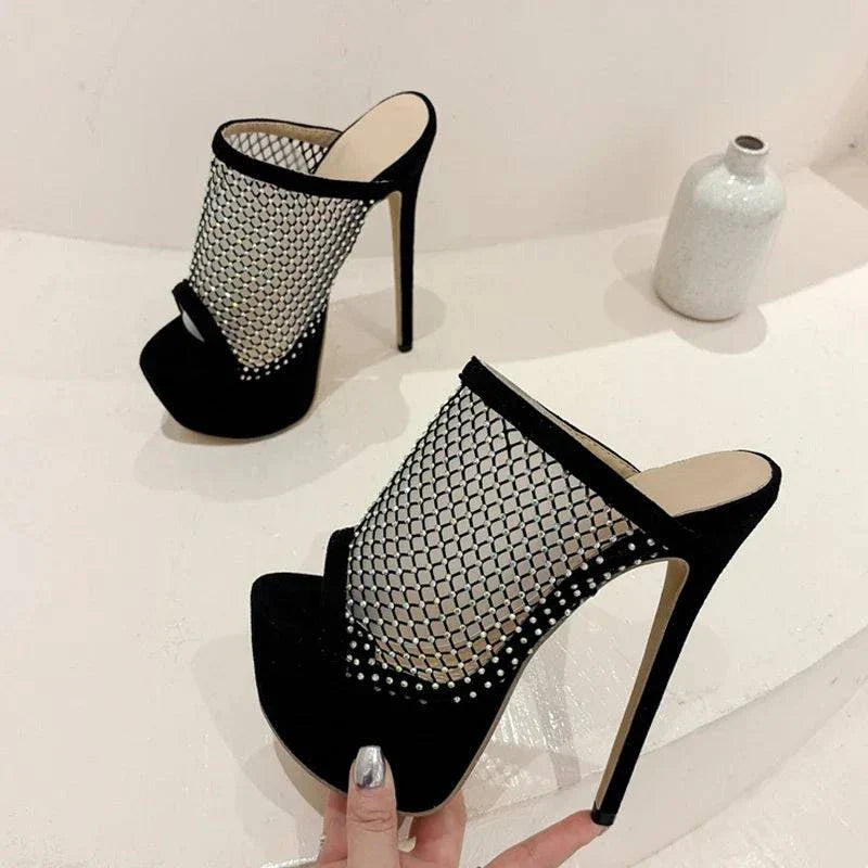 VougeVamp Crystal Mesh Platform Slippers - Peep Toe High Heel Party Shoes for Women in Black