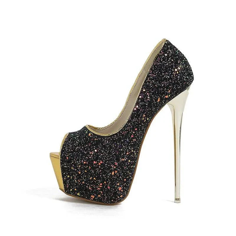 VougeVamp Women’s Sequined Peep-Toe Platform Pumps – Extreme High Heels for Parties, Nightclubs, and Weddings