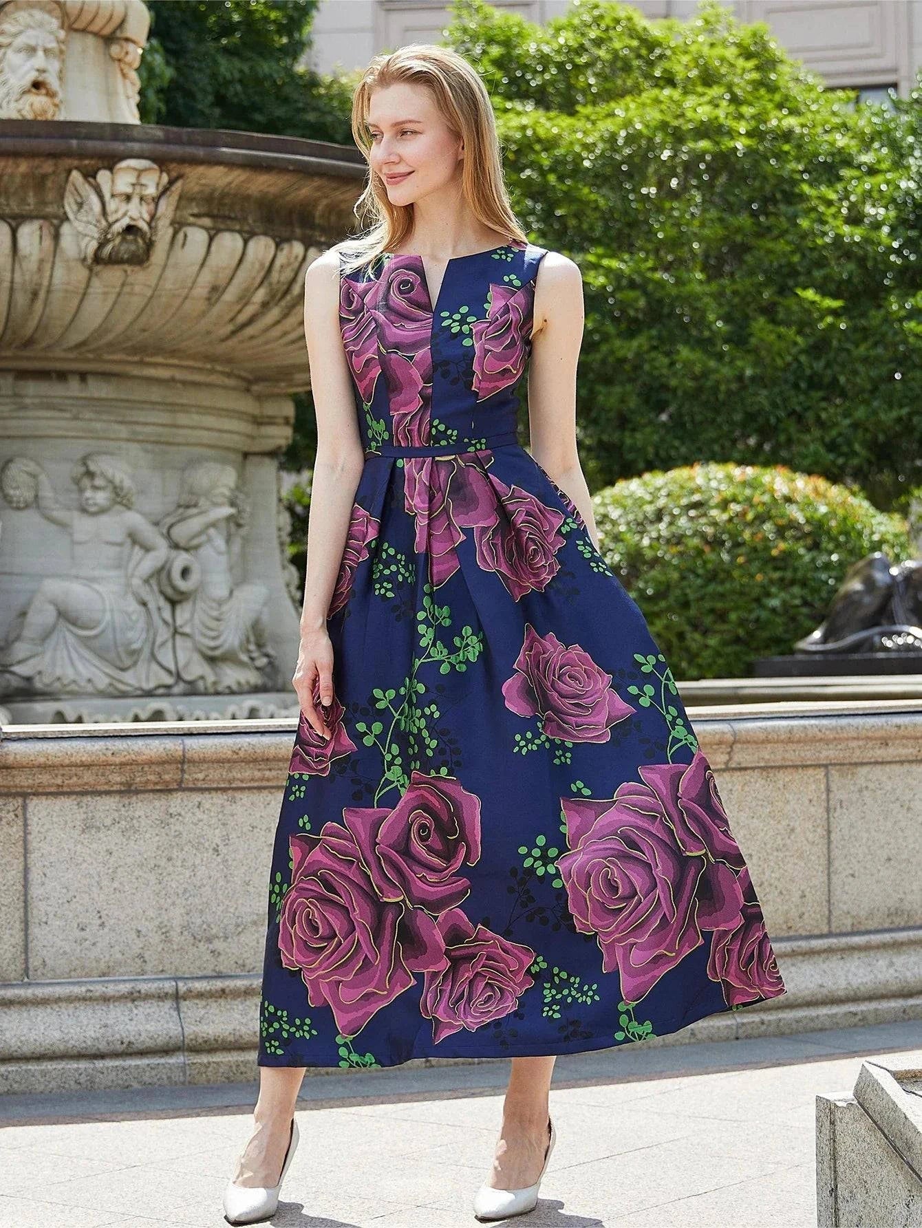 VougeVamp Elegant Women Long Maxi Jacquard Dress - Sleeveless Boho Floral Vintage Party Gown - VougeVampUK