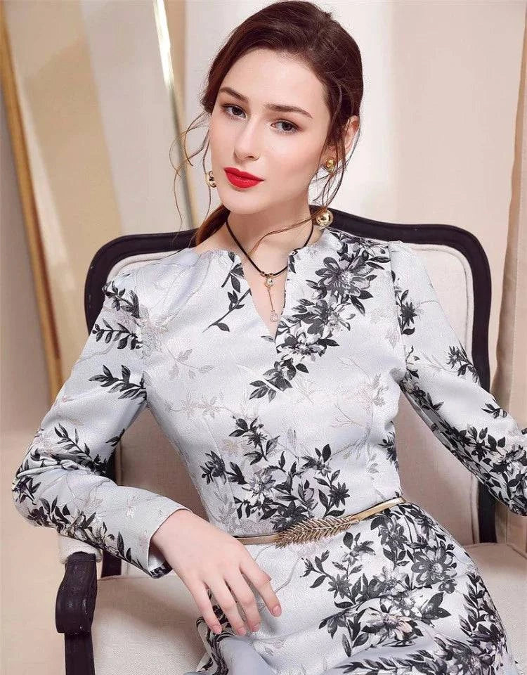 VougeVamp Women Long Sleeve Maxi Dress S-3XL - Elegant Floral Vintage A-Line Party Gown - VougeVampUK