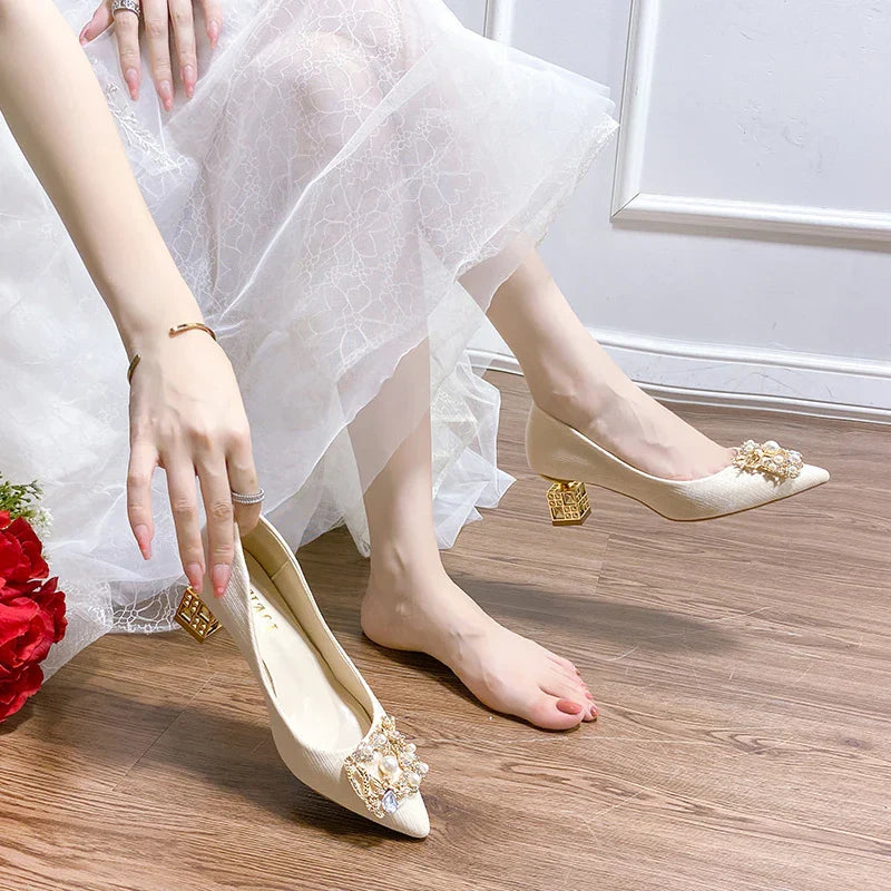 Women's High Heels Pointed Toe with Shaped Heel and Square Buckle, 5cm-7cm Wedding and Banquet Shoes