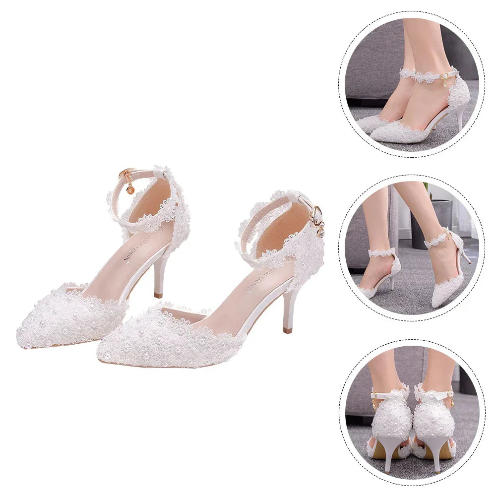 VougeVamp White Stiletto Bridal Heels – Pointed Toe Ankle Strap Wedding Sandals