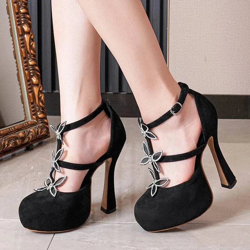 VougeVamp Crystal Rhinestone Butterfly Platform Pumps - Round Toe High Heel Dress Shoes for Women