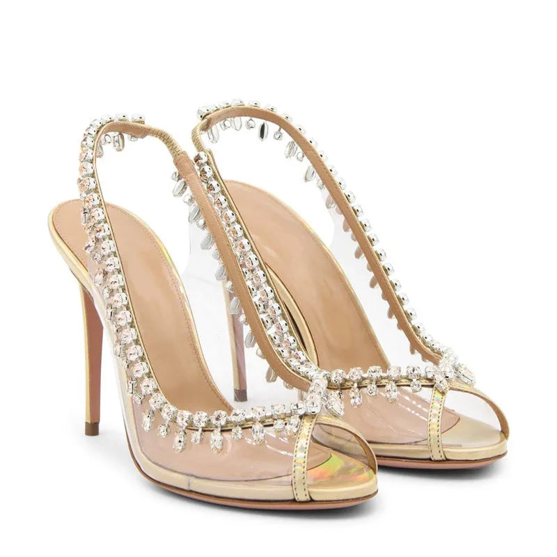 VougeVamp Luxury Crystal Tassel Slingback Pumps – Transparent PVC Peep-Toe High Heels for Weddings & Parties - VougeVampUK