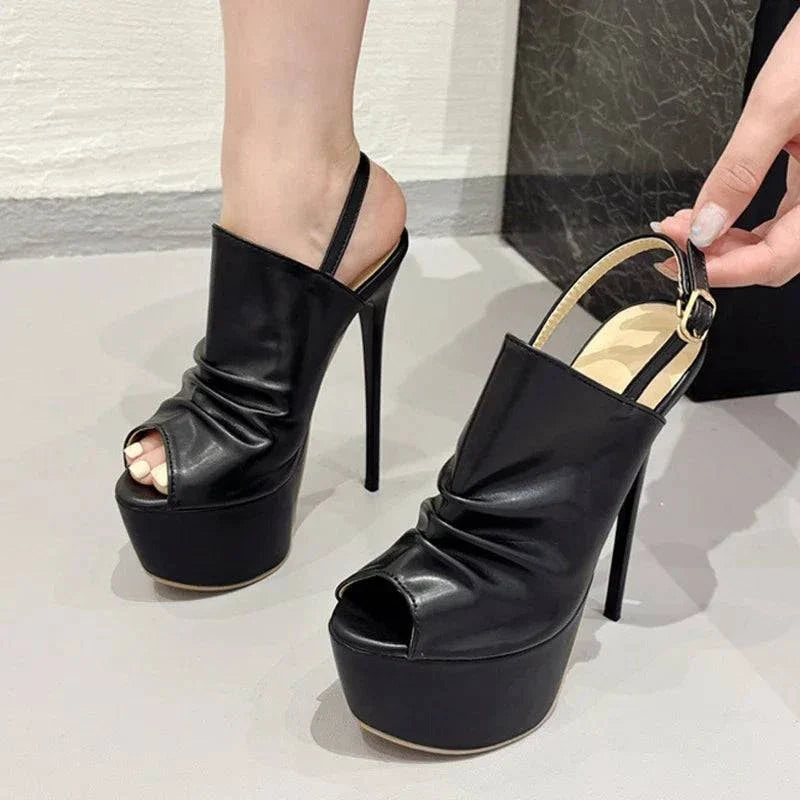 VougeVamp Black Pleated Platform Sandals - Peep Toe High Heel Party Shoes for Women