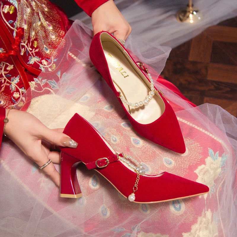 Women's Suede Pointed Toe High Heels – Elegant Embroidered Bridal & Banquet Pumps with Metal Detail