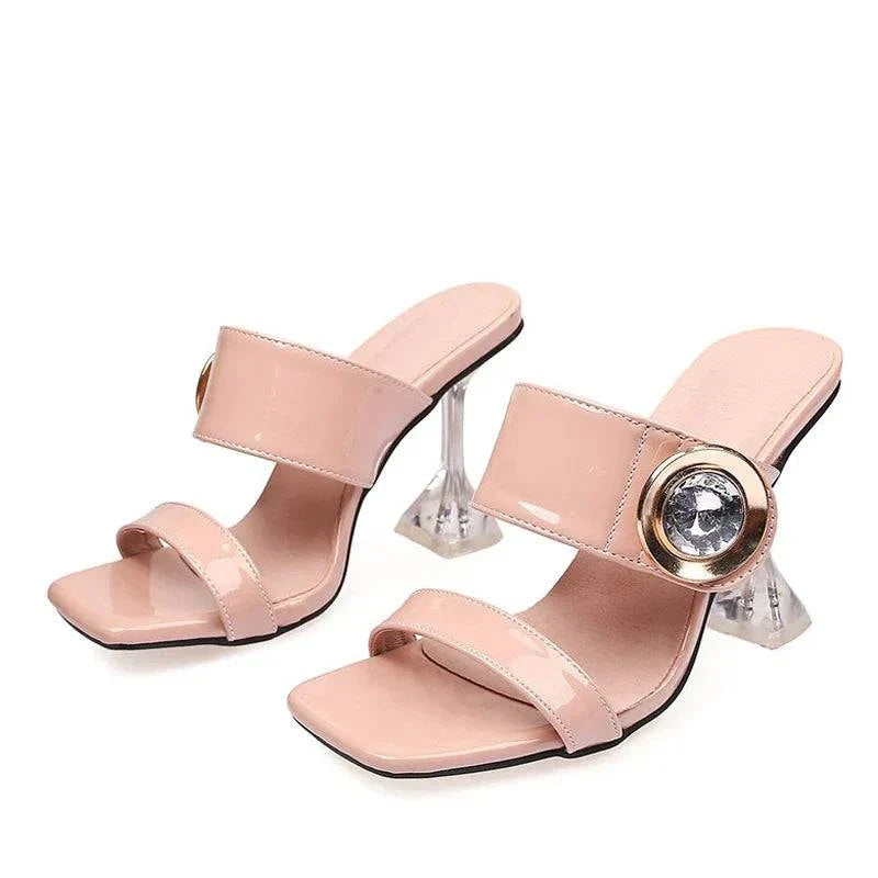 VougeVamp Transparent Metal Crystal Buckle Slippers - 9CM High Heel Party Sandals for Women