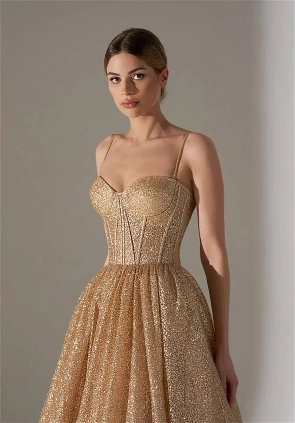 VougeVamp Sequin Spaghetti Strap V-Neck Evening Dress - Floor-Length Draped A-Line Wedding Gown - VougeVampUK