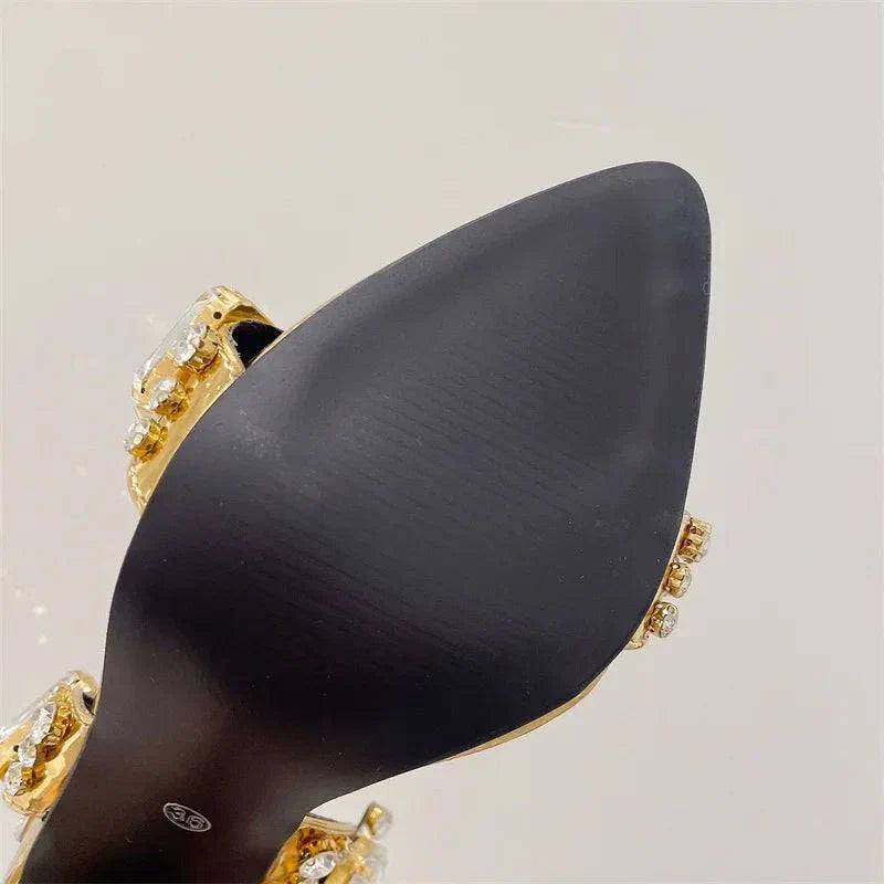 VougeVamp Green Crystal Cross-Strap Sandals - Pointed Toe High Heel Wedding Shoes for Women