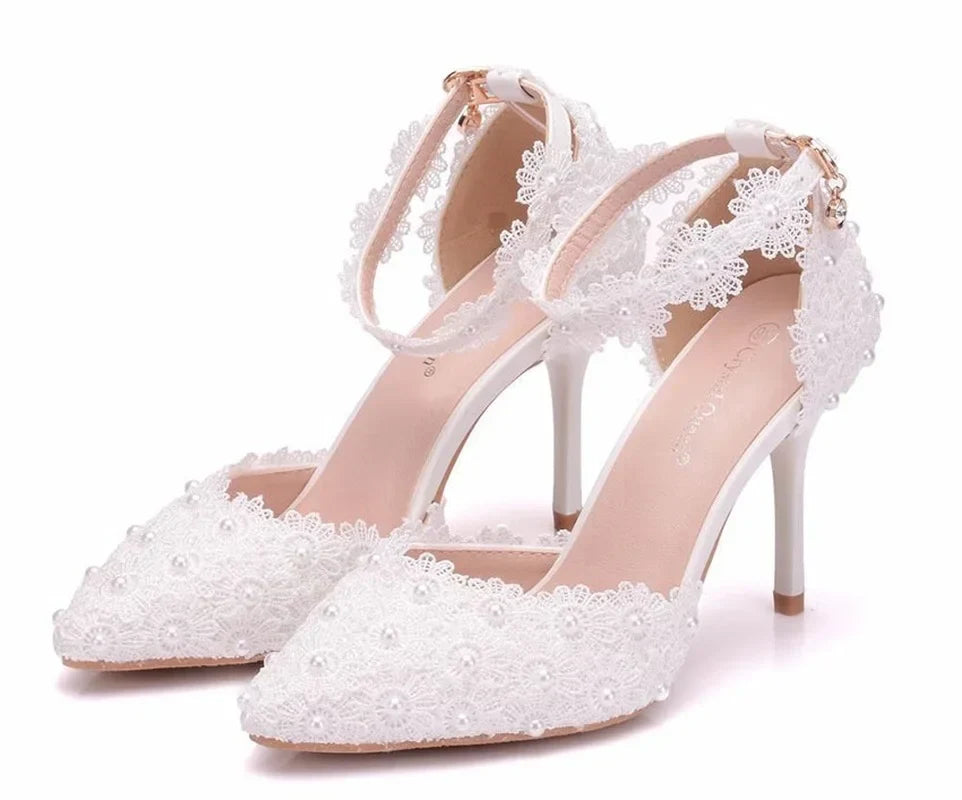 VougeVamp Women's Rhinestone Lace Wedding Heels – Elegant White Bridal Ankle Strap Pumps