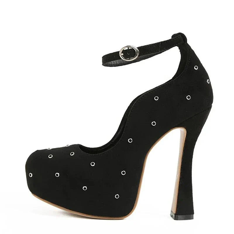 VougeVamp Women’s Round Toe Ankle Buckle Strap Pumps – Metal Rivet Designer High Heels for Parties and Events