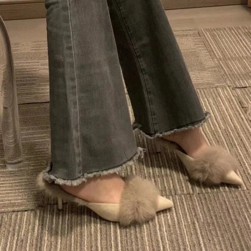 VougeVamp Women's Pointed Toe Fur Mules – Elegant High Heel Slippers for Office & Fashion Wear