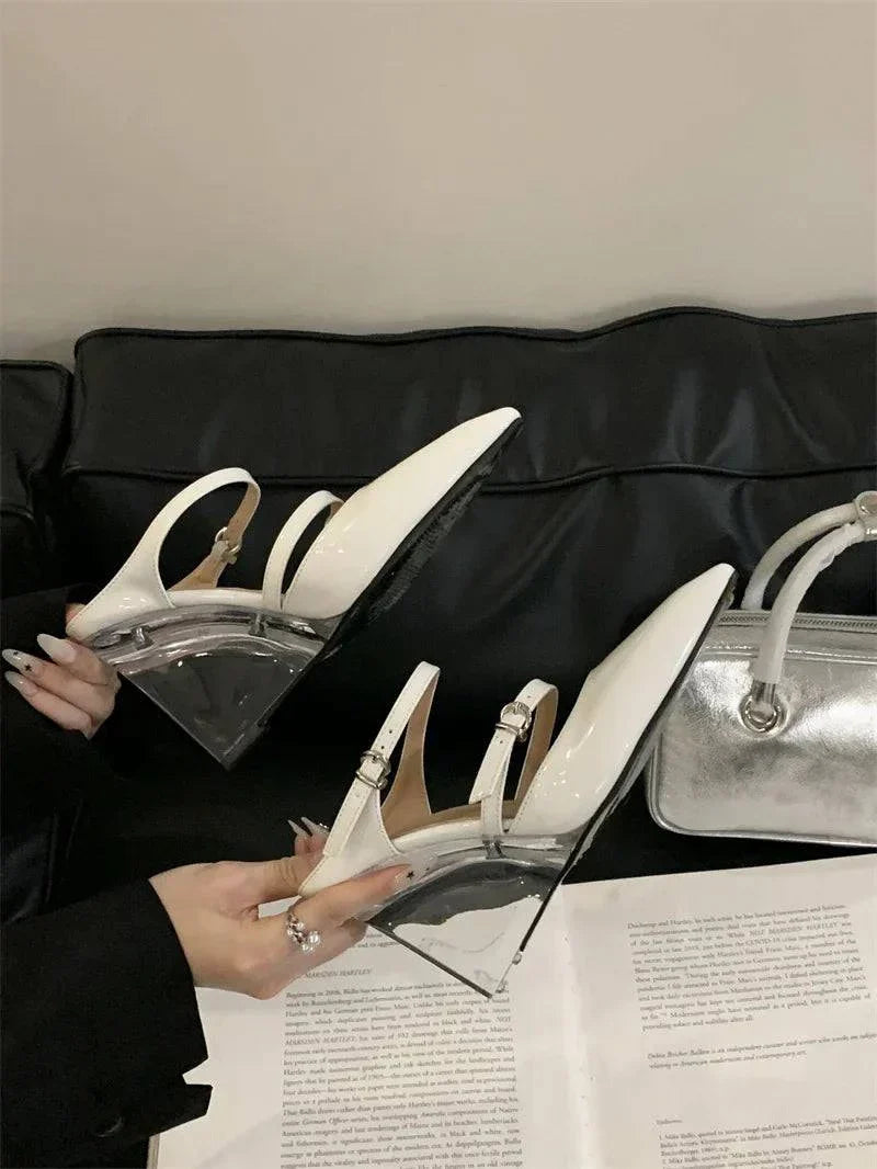 VougeVamp Women’s Transparent Wedge Slippers – Patent Leather Pointed Toe Mules with Buckle Strap for Parties and Summer Events