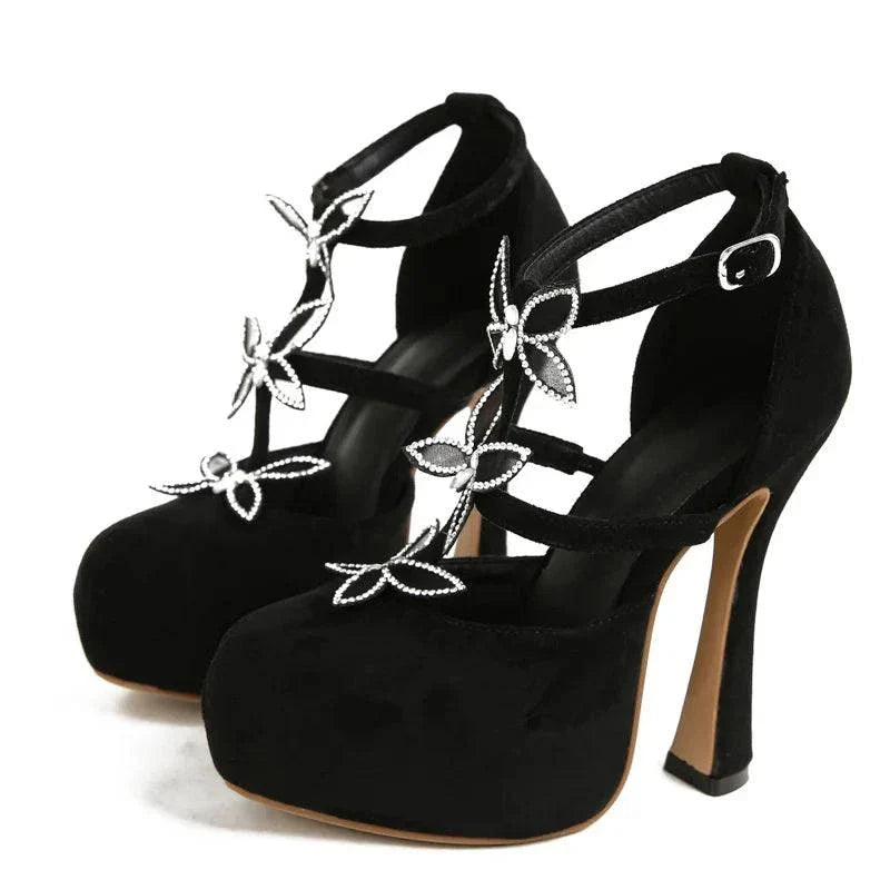 VougeVamp Crystal Rhinestone Butterfly Platform Pumps - Round Toe High Heel Dress Shoes for Women
