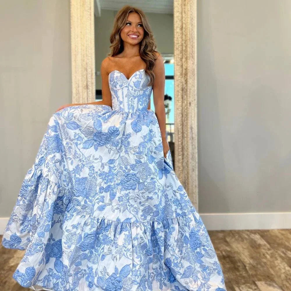 VougeVamp Customized Blue Flowers Strapless Prom Dress - Sleeveless A-Line Satin Evening Gown with Pleats - VougeVampUK