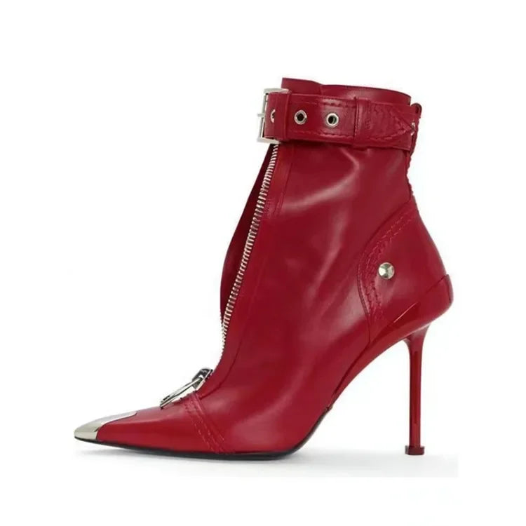 Handmade Women's Red High-Heeled Ankle Boots with Belt Buckle, Front Zipper, Pointed Toe, and Metallic Accent - VougeVampUK