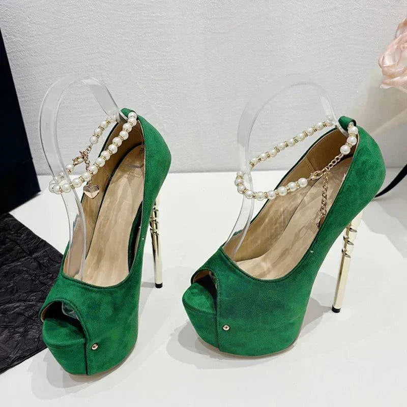 VougeVamp Green String Bead Platform Pumps - Peep Toe High Heel Wedding Shoes for Women