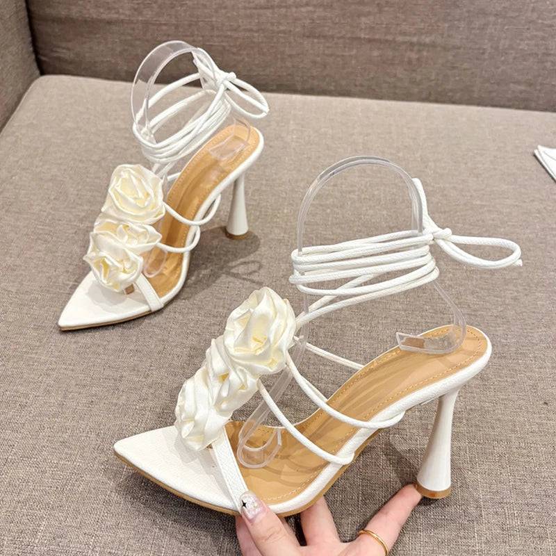 VougeVamp White Lace-Up High Heel Sandals - Pointed Toe Silk Rose Party Shoes for Women