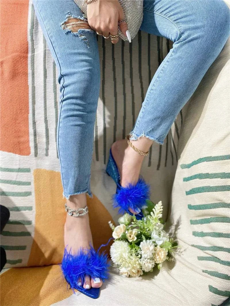 VougeVamp Blue Fluffy Feather Wedge Slippers - Pointed Toe High Heel Summer Sandals for Women