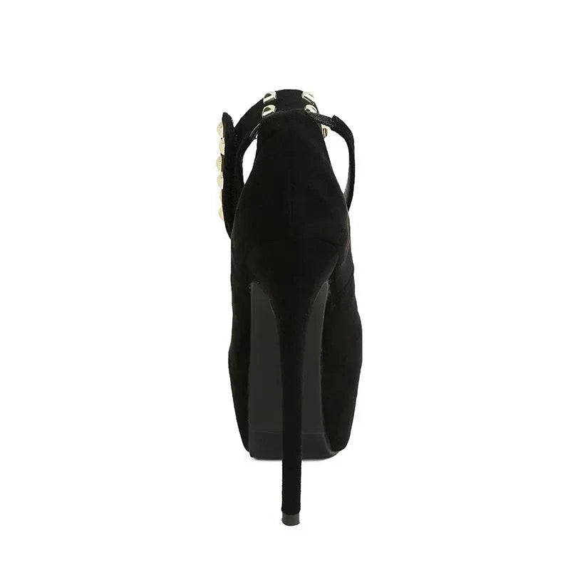 VougeVamp Women’s Metal Rivet Ankle Hook Strap Platform Pumps – Solid Black Round Toe High Heels