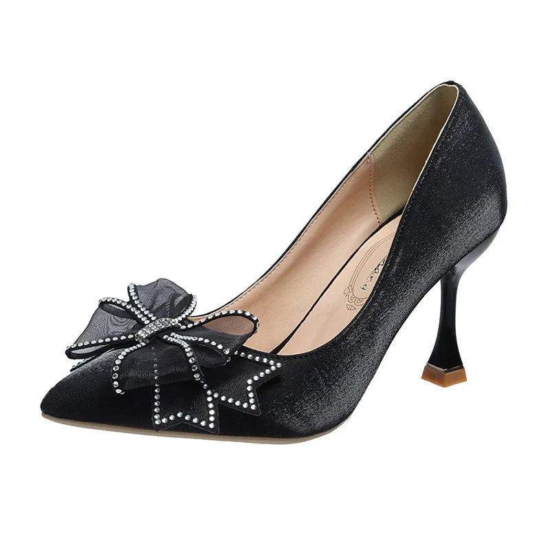 VougeVamp Rhinestone Bow Pointed Toe Stiletto Pumps – Elegant Satin Bridal & Wedding Heels - VougeVampUK