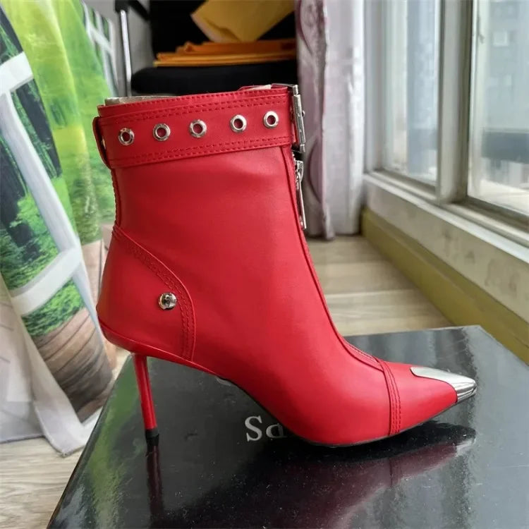 Handmade Women's Red High-Heeled Ankle Boots with Belt Buckle, Front Zipper, Pointed Toe, and Metallic Accent - VougeVampUK