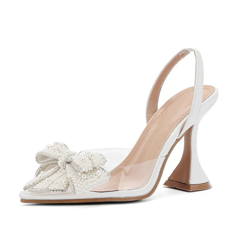 VougeVamp White Pearl Bowknot Pumps – Sexy Pointed Toe Transparent High Heels for Weddings & Proms