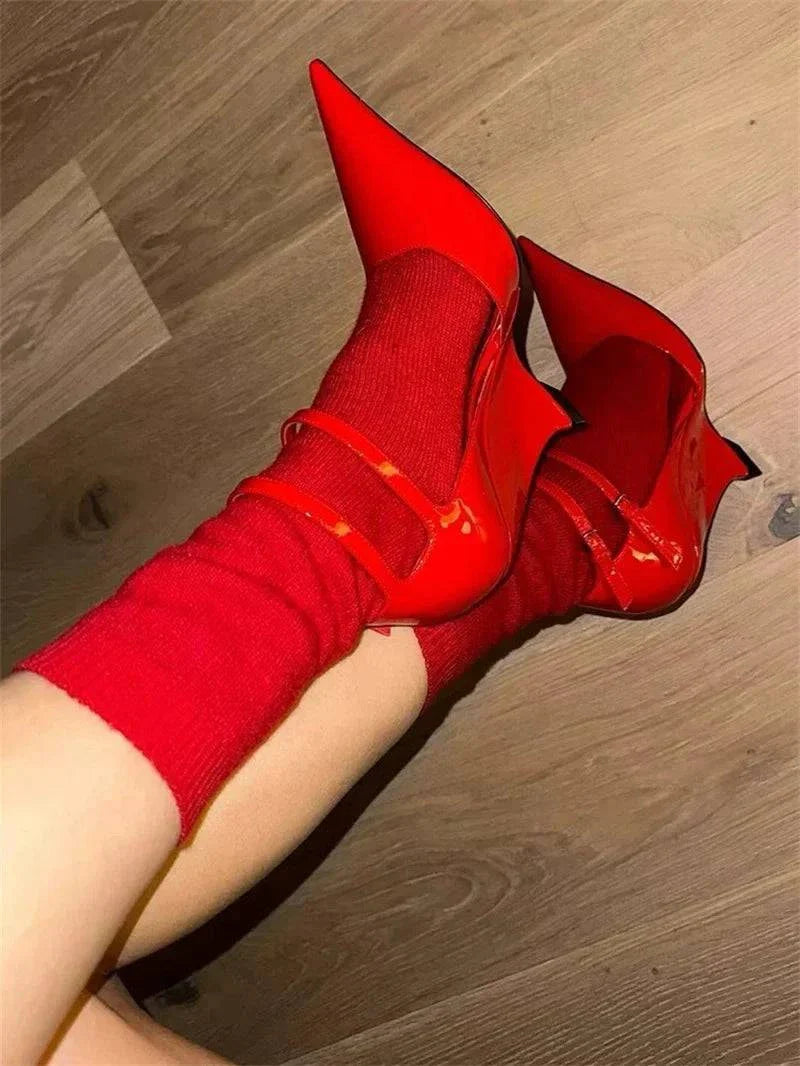 VougeVamp Red Patent Leather Wedge Pumps - Pointed Toe Double Buckle Party Shoes for Women
